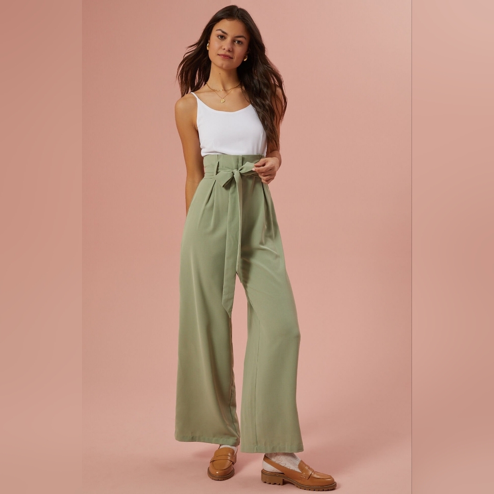 Altar'd State Tori Tie Waist Wide Leg Jumpsuit In Sage Green & White Size S